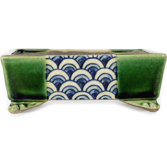 Rectangular green and multicolor bonsai pot by Terahata Satomi Mazan - 155 x 132 x 55 mm