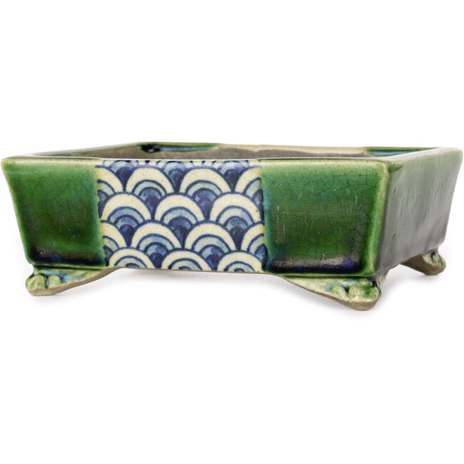 Rectangular green and multicolor bonsai pot by Terahata Satomi Mazan - 155 x 132 x 55 mm