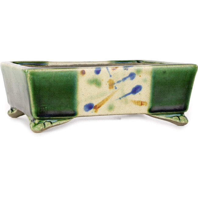 Vaso bonsai rettangolare verde e multicolore di Terahata Satomi Mazan - 155 x 132 x 55 mm