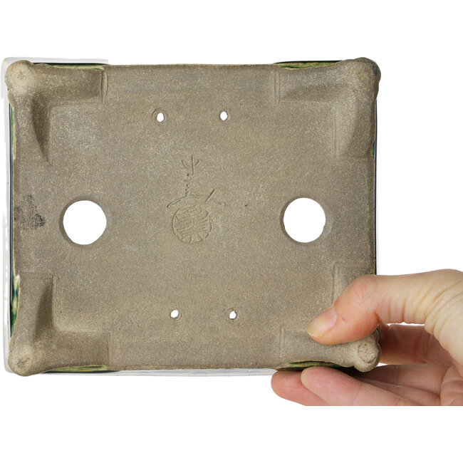 Rectangular green and multicolor bonsai pot by Terahata Satomi Mazan - 155 x 132 x 55 mm