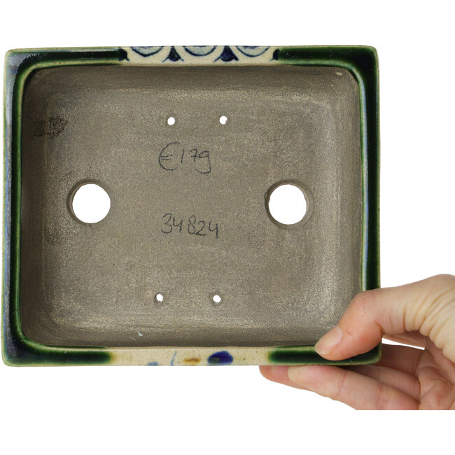 Maceta rectangular para bonsái verde y multicolor de Terahata Satomi Mazan - 155 x 132 x 55 mm