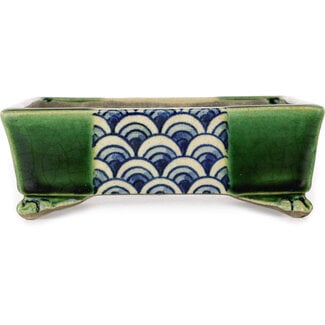  Satomi Mazan, Mazan Terahata 155 mm rectangular green and multicolor bonsai pot by Terahata Satomi Mazan, Tokoname, Japan