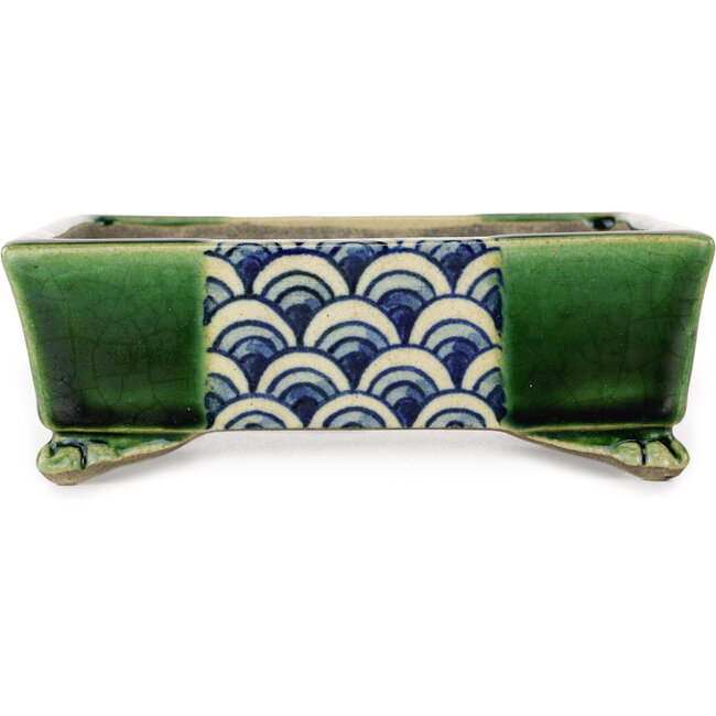 Pot à bonsaï rectangulaire vert et multicolore par Terahata Satomi Mazan - 155 x 132 x 55 mm