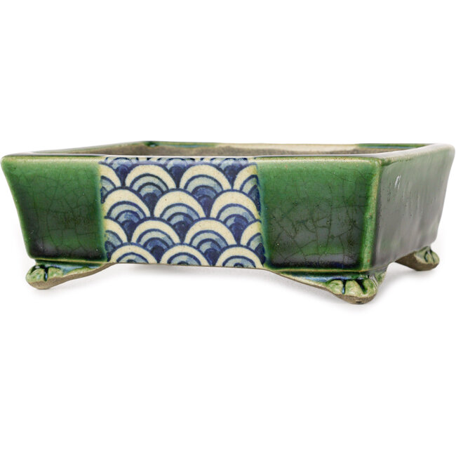 Pot à bonsaï rectangulaire vert et multicolore par Terahata Satomi Mazan - 155 x 132 x 55 mm