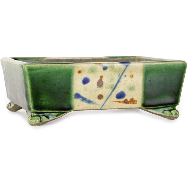 Rectangular green and multicolor bonsai pot by Terahata Satomi Mazan - 155 x 132 x 55 mm