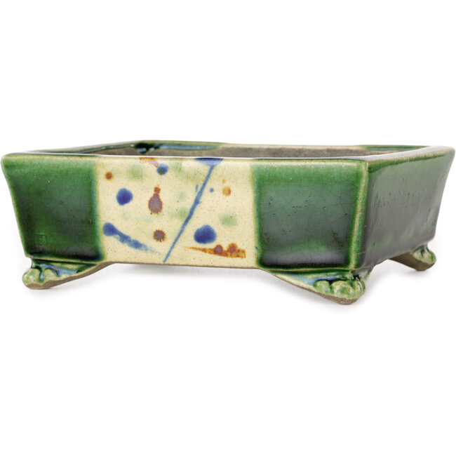Vaso bonsai rettangolare verde e multicolore di Terahata Satomi Mazan - 155 x 132 x 55 mm