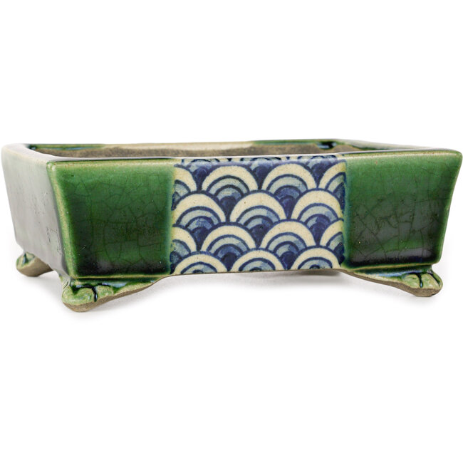 Pot à bonsaï rectangulaire vert et multicolore par Terahata Satomi Mazan - 155 x 132 x 55 mm