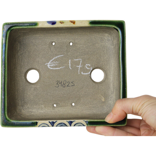 Pot à bonsaï rectangulaire vert et multicolore par Terahata Satomi Mazan - 155 x 132 x 55 mm