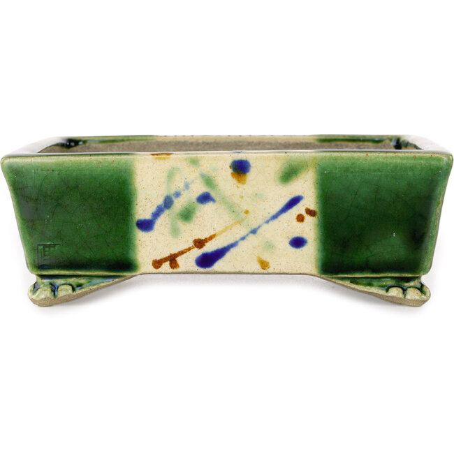 Pot à bonsaï rectangulaire vert et multicolore par Terahata Satomi Mazan - 155 x 132 x 55 mm