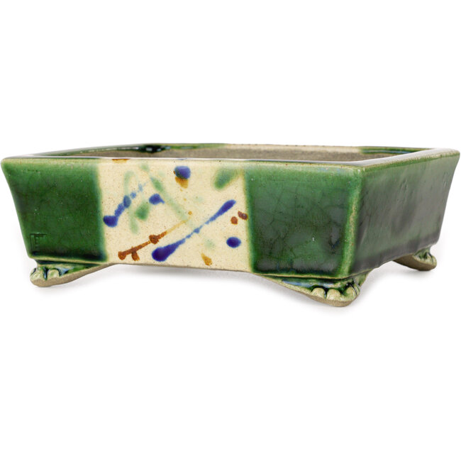 Rechthoekige groene en veelkleurige bonsaipot van Terahata Satomi Mazan - 155 x 132 x 55 mm