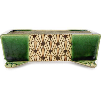  Satomi Mazan, Mazan Terahata Pot à bonsaï rectangulaire vert et multicolore de 155 mm par Terahata Satomi Mazan, Tokoname, Japon