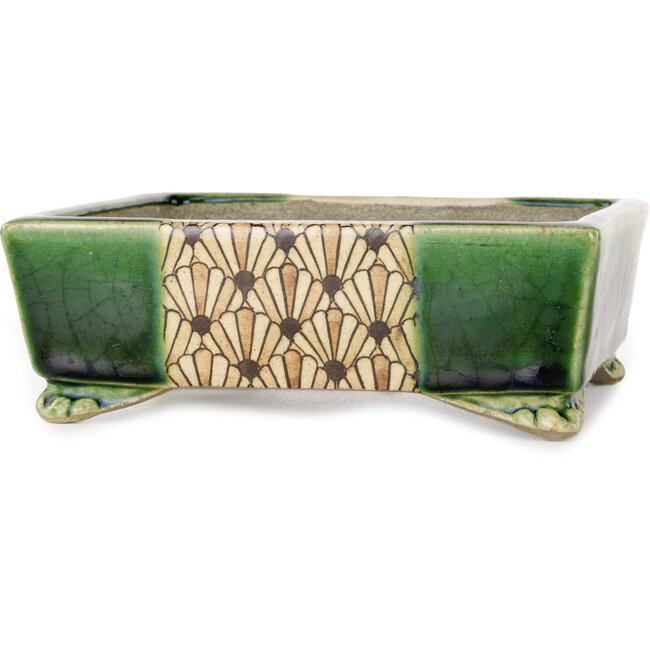 Rectangular green and multicolor bonsai pot by Terahata Satomi Mazan - 155 x 132 x 55 mm