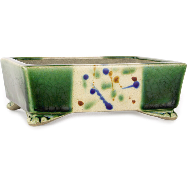 Maceta rectangular para bonsái verde y multicolor de Terahata Satomi Mazan - 155 x 132 x 55 mm