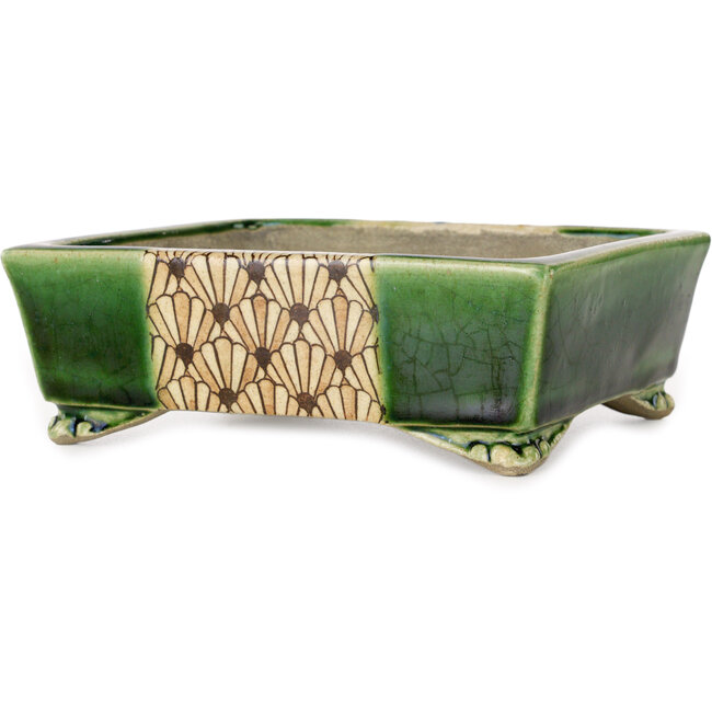 Rechthoekige groene en veelkleurige bonsaipot van Terahata Satomi Mazan - 155 x 132 x 55 mm