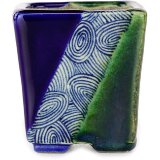  Satomi Mazan, Mazan Terahata Vierkante blauw-groene bonsaipot van 63 mm van Terahata Satomi Mazan, Tokoname, Japan