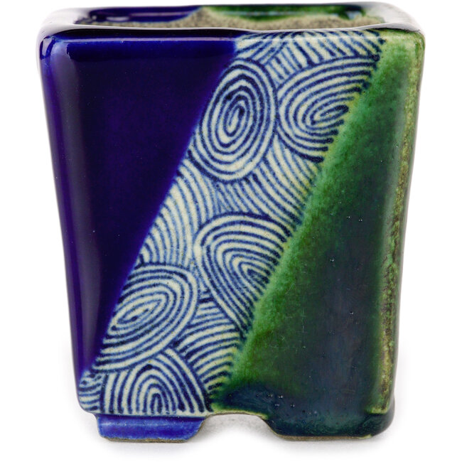 Vaso bonsai quadrato blu e verde di Terahata Satomi Mazan - 63 x 63 x 68 mm