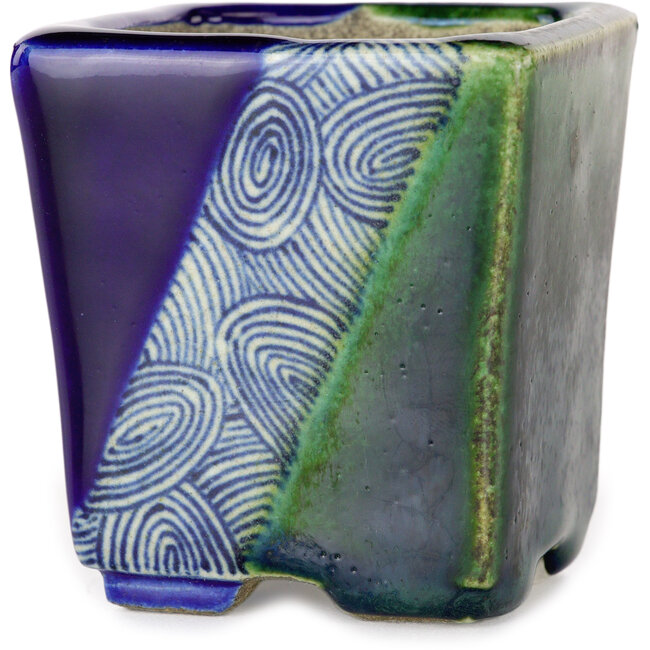 Quadratischer blauer und grüner Bonsaitopf von Terahata Satomi Mazan – 63 x 63 x 68 mm