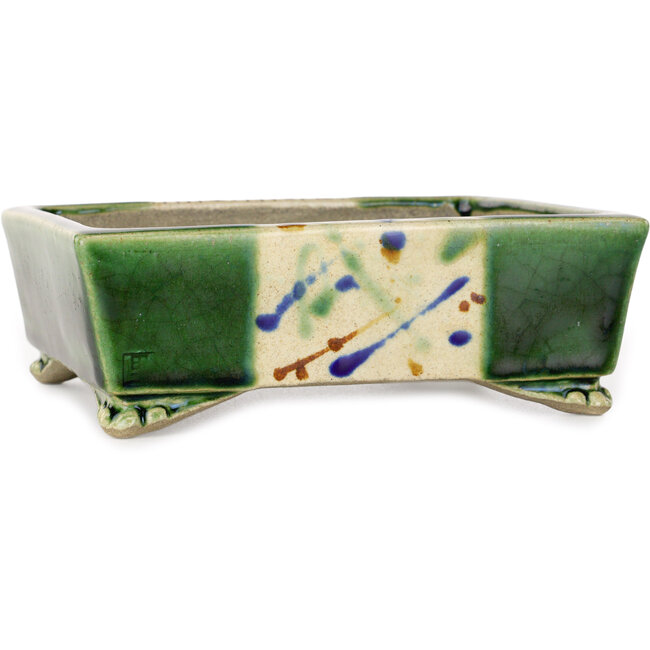 Pot à bonsaï rectangulaire vert et multicolore par Terahata Satomi Mazan - 155 x 132 x 55 mm