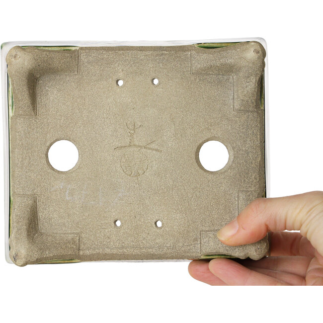 Rectangular green and multicolor bonsai pot by Terahata Satomi Mazan - 155 x 132 x 55 mm