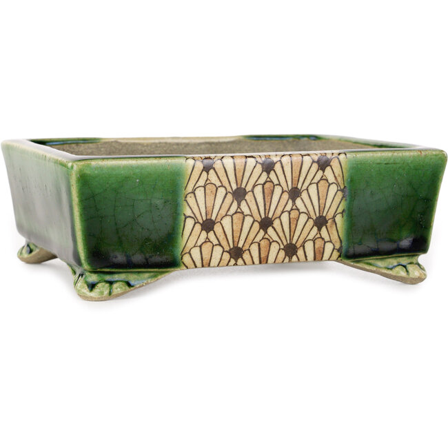 Maceta rectangular para bonsái verde y multicolor de Terahata Satomi Mazan - 155 x 132 x 55 mm