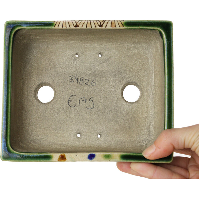 Rectangular green and multicolor bonsai pot by Terahata Satomi Mazan - 155 x 132 x 55 mm