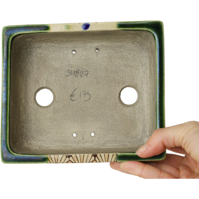 Rectangular green and multicolor bonsai pot by Terahata Satomi Mazan - 155 x 132 x 55 mm