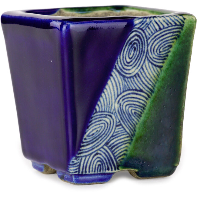 Pot à bonsaï carré bleu et vert par Terahata Satomi Mazan - 63 x 63 x 68 mm