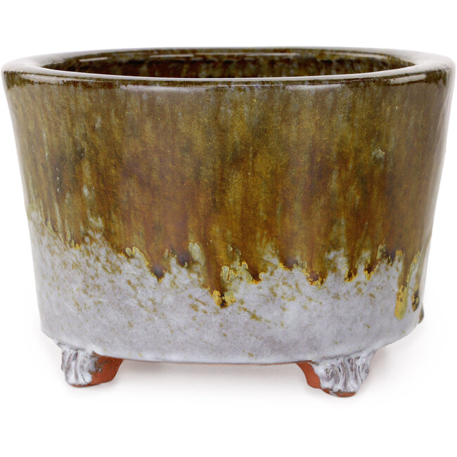 Round white and brown bonsai pot by Shuhou - 160 x 160 x 110 mm