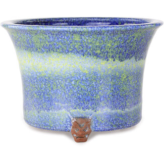  Shuuhou (Hidemi Kataoka) Pot à bonsaï rond bleu et jaune de 225 mm, de Shuhou, Tokoname, Japon