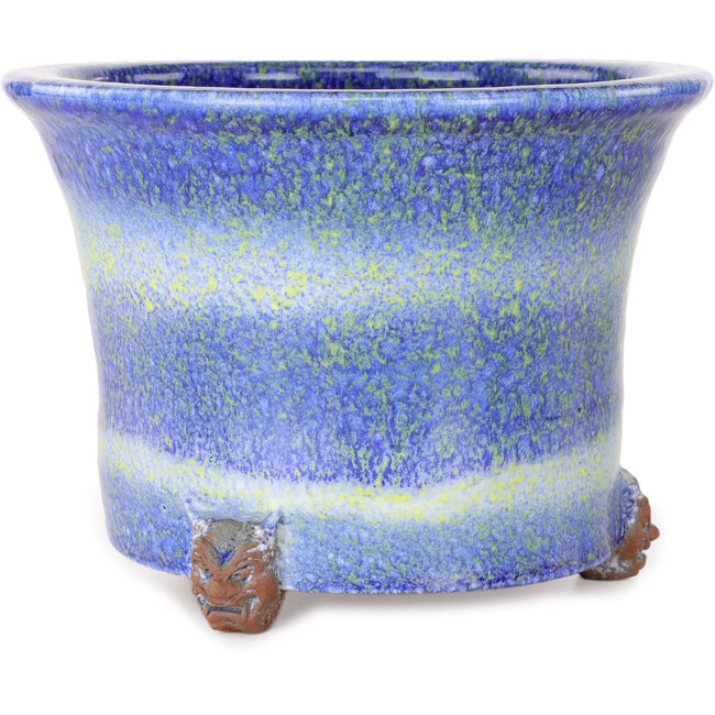 Round blue and yellow bonsai pot by Shuhou - 223 x 223 x 158 mm