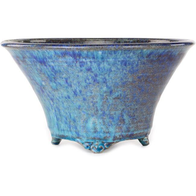 Vaso bonsai rotondo blu di Shuhou con dettagli rossi nella smaltatura - 303 x 303 x 167 mm