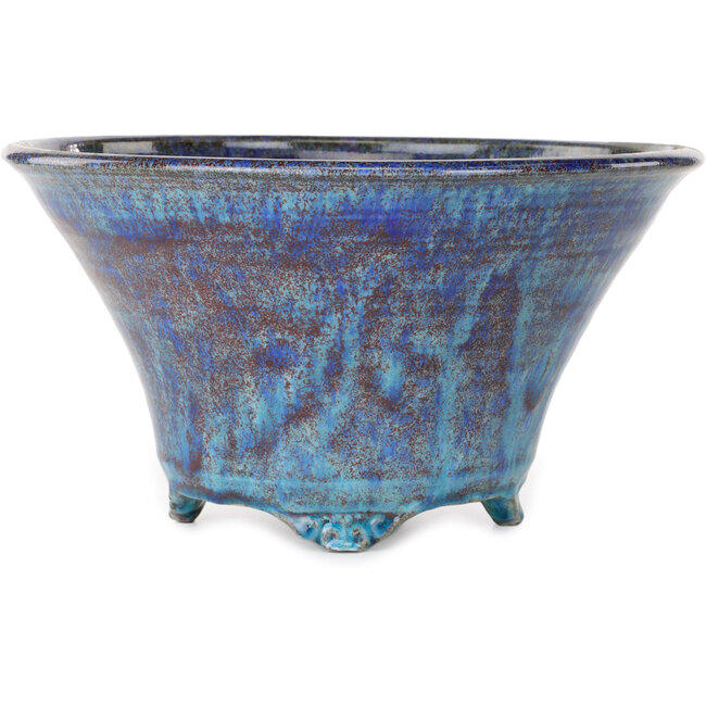 Pot à bonsaï rond bleu de Shuhou avec détails rouges dans l'émail - 303 x 303 x 167 mm