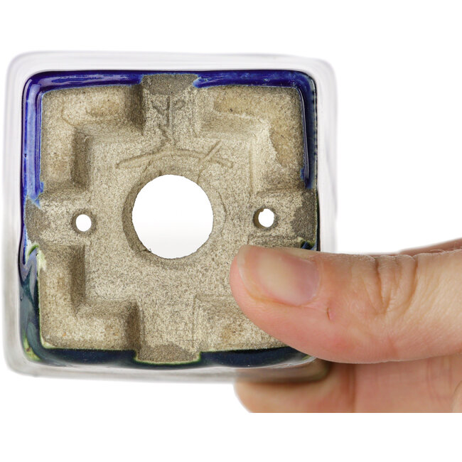 Quadratischer blauer und grüner Bonsaitopf von Terahata Satomi Mazan – 63 x 63 x 68 mm