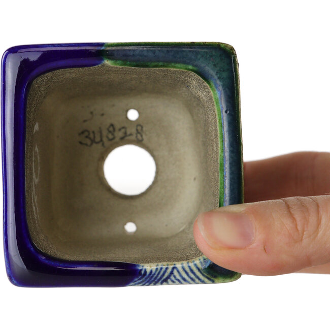 Square blue and green bonsai pot by Terahata Satomi Mazan - 63 x 63 x 68 mm