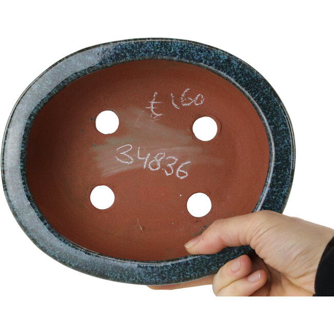Oval green and blue bonsai pot by Shuhou - 195 x 165 x 70 mm