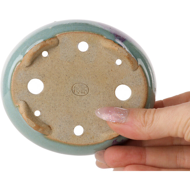 Oval blue and purple bonsai pot by Eime Yozan - 98 x 85 x 35 mm