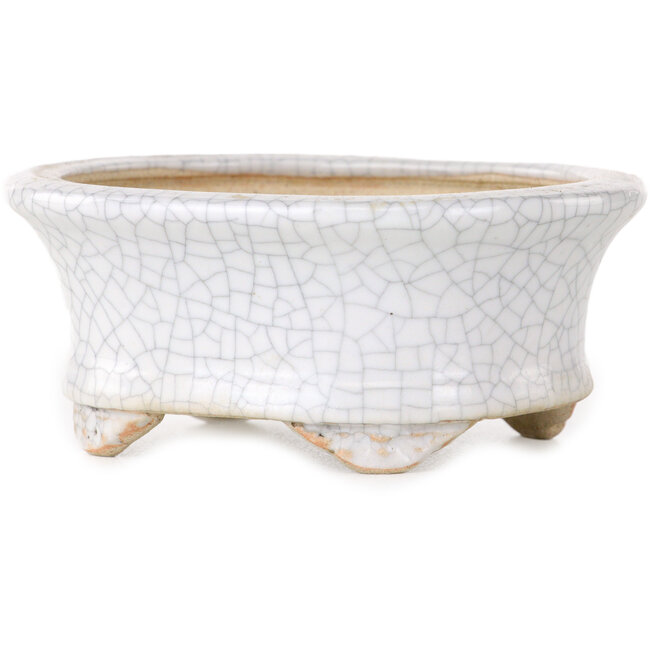 Ovale witte craquelé bonsaipot van Eime Yozan - 92 x 79 x 40 mm