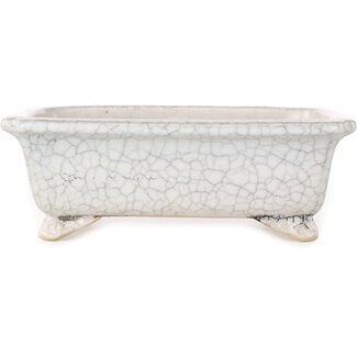  Shibakatsu (Katsuichi Shibata) 190 mm rectangular white craquelé bonsai pot by Shibakatsu, Tokoname, Japan