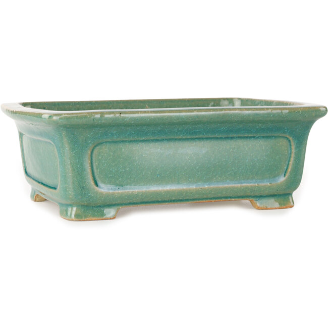 Rechteckige türkisfarbene Craquelé-Bonsaischale von Shibakatsu – 197 x 150 x 67 mm