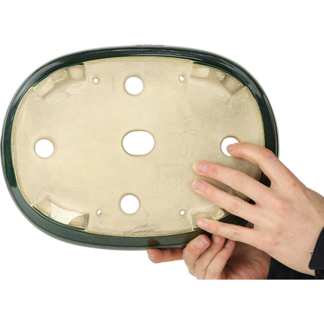 Ovaler grüner Bonsaitopf von Terahata Satomi Mazan – 290 x 213 x 85 mm