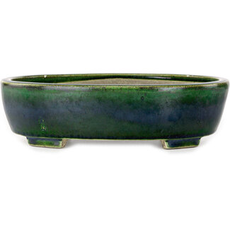  Satomi Mazan, Mazan Terahata 255 mm oval green bonsai pot by Terahata Satomi Mazan, Tokoname, Japan