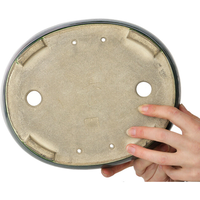 Maceta ovalada para bonsái verde de Terahata Satomi Mazan - 255 x 210 x 68 mm