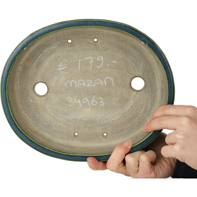 Maceta ovalada para bonsái verde de Terahata Satomi Mazan - 255 x 210 x 68 mm