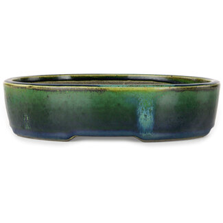  Satomi Mazan, Mazan Terahata 220 mm oval green bonsai pot by Terahata Satomi Mazan, Tokoname, Japan
