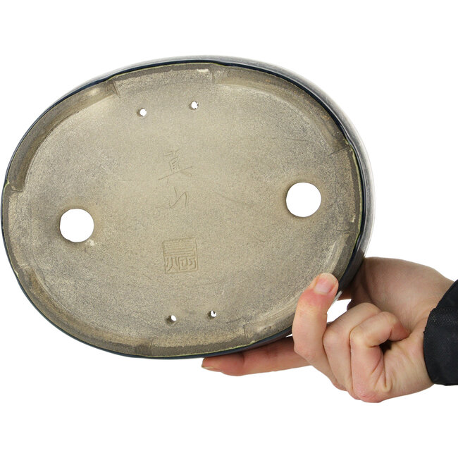 Pot à bonsaï ovale vert par Terahata Satomi Mazan - 220 x 175 x 53 mm