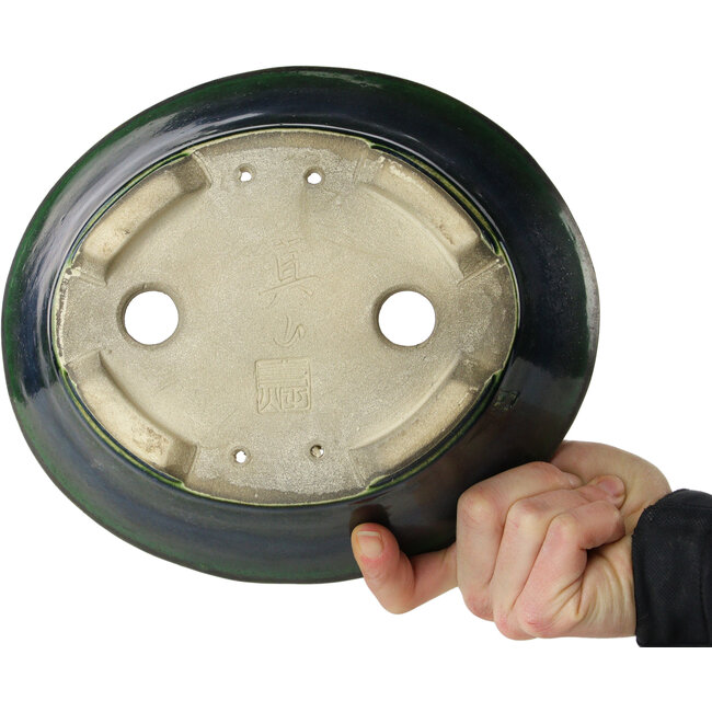 Ovaler grüner Bonsaitopf von Terahata Satomi Mazan – 230 x 197 x 75 mm