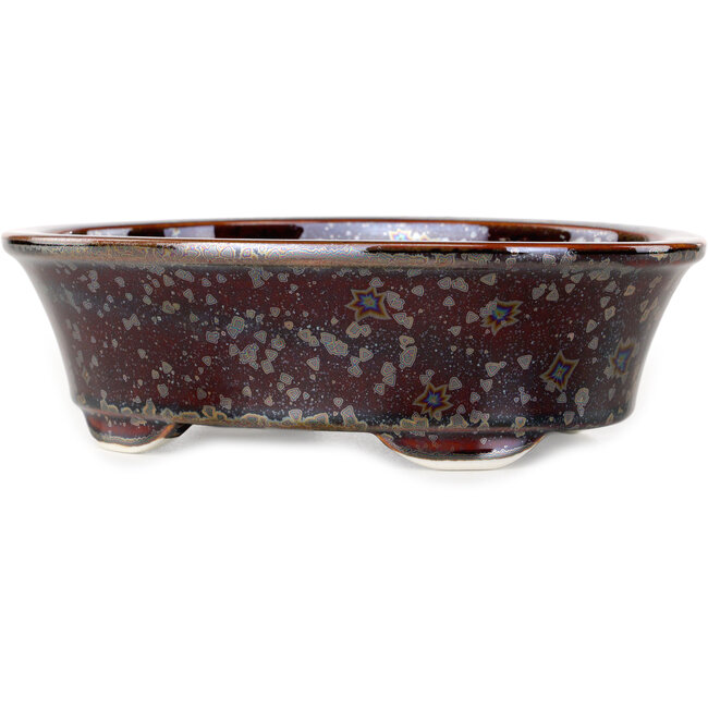 Ovale bruine bonsaipot met metallic kristalglazuur van Heian Senzan - 180 x 143 x 53 mm