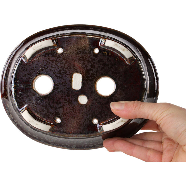 Oval brown metallic, crystal glaze bonsai pot by Heian Senzan - 180 x 143 x 53 mm