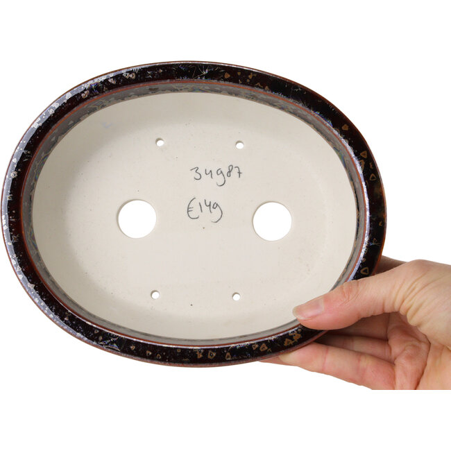 Pot à bonsaï ovale en verre métallisé brun cristal, par Heian Senzan - 180 x 143 x 53 mm