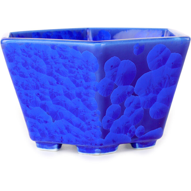 Hexagonal dark blue, crystal glaze bonsai pot by Heian Senzan - 140 x 140 x 75 mm